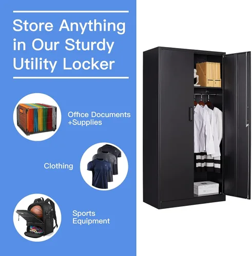 Miniatura 4 de Yizosh Armario de metal para colgar ropa con puertas de cerradura, armario de acero con cerradura de 72 pulgadas, organizador de ropa para Negro