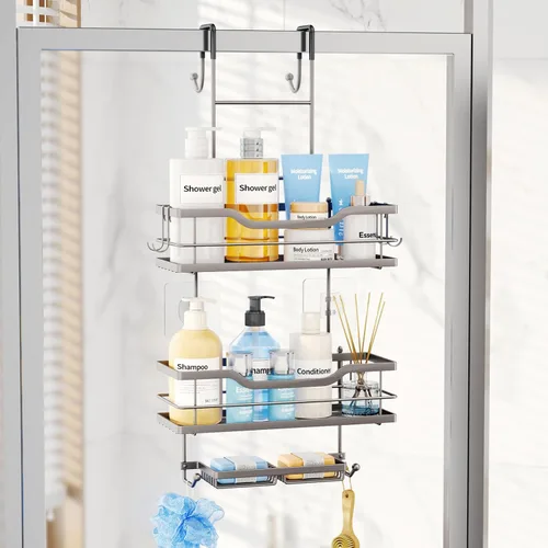 Miniatura 9 de Consumest Organizador de ducha para puerta, estantes de ducha de 2 niveles para colgar con soportes para jabón, organizador de ducha de gran