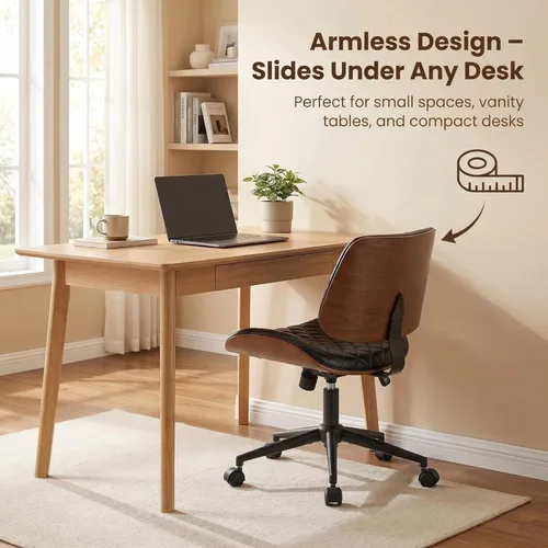 Miniatura 7 de Furnimart Silla de escritorio pequeña sin brazos con ruedas, silla giratoria de piel sintética de 360° para dormitorio, silla de trabajo compacta