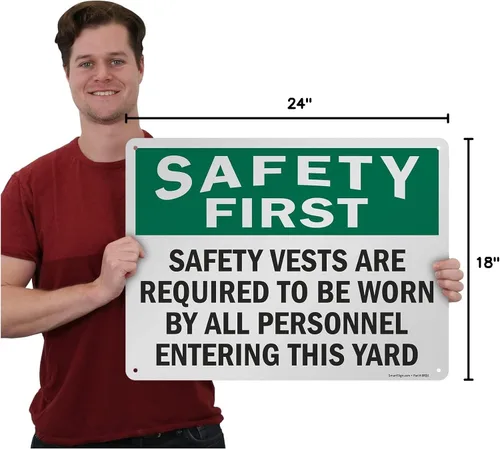 Miniatura 6 de SmartSign Letrero de metal OSHA de 18 x 24 pulgadas con texto en inglés "Safety First - Safety Vests are Required by All Personnel Entering This Se