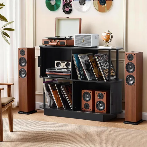 Miniatura 8 de Soporte moderno para tocadiscos con almacenamiento de vinilo, soporte de almacenamiento para tocadiscos negro de 40 pulgadas con puerta corredera
