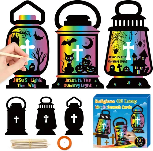 Miniatura 7 de BeYumi Juego de 60 marcapáginas de rascar de Halloween para niños, bricolaje, calabaza, murciélago, bruja, Frankenstein, espeluznante, vampiro