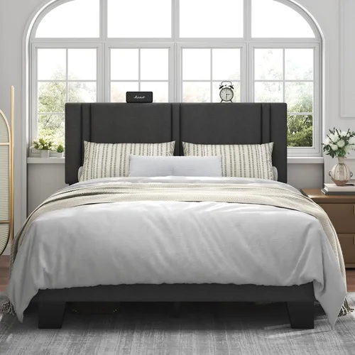 Miniatura 9 de Feonase - Base de cama de tamaño individual con plataforma tapizada, base de cama tapizada con respaldo abatible, listones de madera maciza y Gris