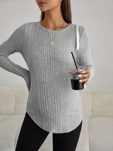 Miniatura 6 de MakeMeChic Camiseta asimétrica de punto de manga larga con cuello redondo para mujer