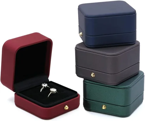 Miniatura 6 de Caja de Anillos de Boda Caja de Compromiso Rojo Vino, Caja Portadora de Anillos de Joyería de Terciopelo de Cuero Cuadrada, Caja de Anillos Vintage