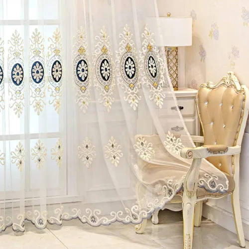 Miniatura 12 de ELKCA Cortinas bordadas de jacquard para dormitorio, cortinas beige de lujo para sala de estar, ojales superiores, 2 paneles