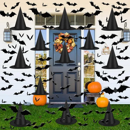 Famoby 12 sombreros de bruja negros de Halloween con cable de nailon de 157 pies y 120 calcomanías de murciélago para interiores y exteriores,