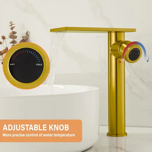 Miniatura 6 de Becola Grifo mezclador de lavabo alto tipo cascada de oro cepillado moderno con perillas ajustables y dos líneas de suministro