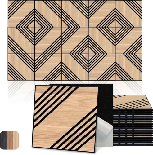 Miniatura 17 de Mollywell Paneles acústicos, decoración de grano de madera de PVC, azulejos de pared con patrón tallado de 12 x 12 pulgadas, autoadhesivos