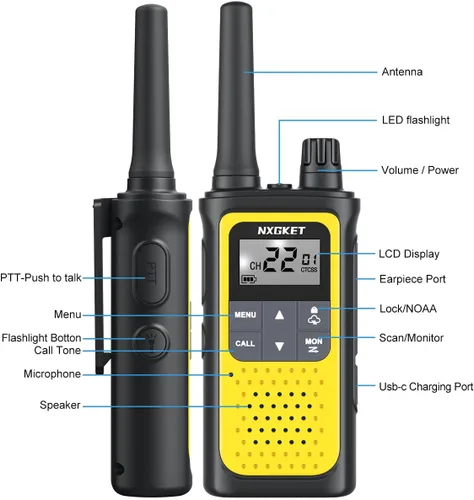 Miniatura 7 de NXGKET Walkie Talkies para adultos de largo alcance con alertas meteorológicas NOAA, radios bidireccionales recargables de 2 vías con 22 canales