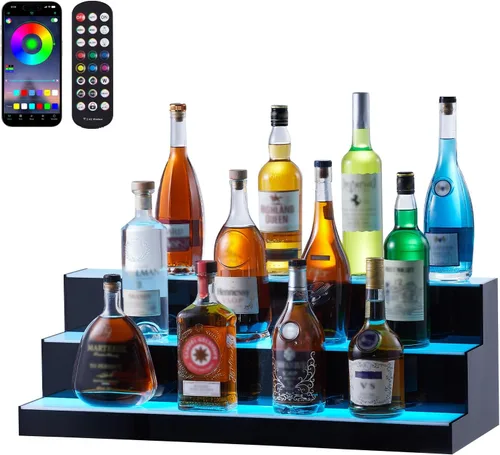 Miniatura 16 de VEVOR Pantalla de botella de licor con iluminación LED, 2 niveles de 30 pulgadas, compatible con USB, estante iluminado de bar para el hogar