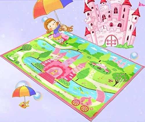 HUAHOO Alfombras rosas para dormitorio de niñas, diseño de castillo de dibujos animados, alfombra de piso de nailon, para sala de estar (31.5 x 47
