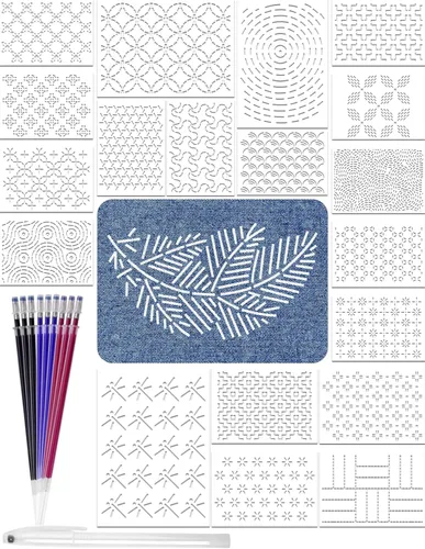Gezan 20 piezas de plantillas Sashiko 8.3 x 5.9 pulgadas plantilla de plástico Sashiko patrón geométrico estabilizadores de bordado de línea