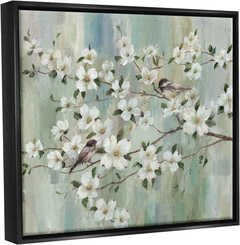 Miniatura 2 de Stupell Industries Delicadas flores de cerezo encaramadas pájaros pintura clásica flotante enmarcado arte de pared, diseño de Nan