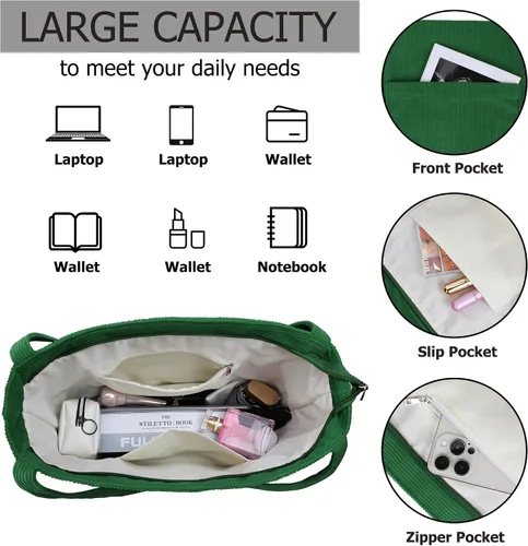 Miniatura 5 de Youjaree Bolso de mano de pana para mujer, bolso de hombro casual, bolso de mano grande para compras, bolsa de trabajo con bolsillos