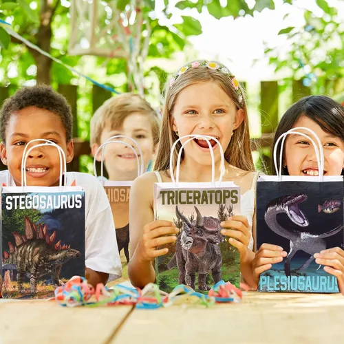 Miniatura 6 de Pajean 24 bolsas de caramelos de dinosaurio con asa, bolsas de papel de recuerdo de fiesta de dinosaurios, regalos para niños, envoltura