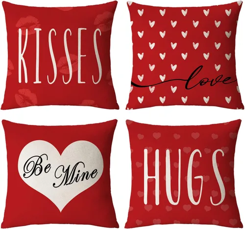 Miniatura 8 de Juego de 4 fundas de almohada de 16 x 16 pulgadas, diseño de corazón rojo con diseño de corazón de amor, fundas de almohada de aniversario de boda