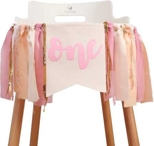Miniatura 7 de Cartel para silla alta de primer cumpleaños con tema rosa para niña, decoración bohemia para el primer cumpleaños con diseño de pastel (PINK ONE HF)