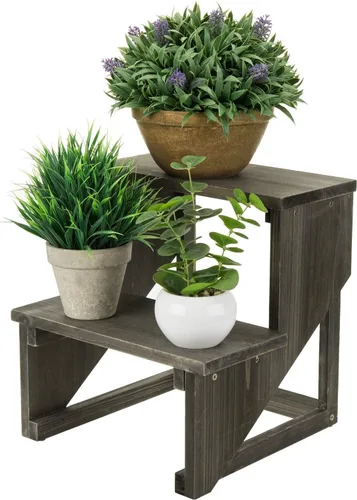 Miniatura 7 de MyGift Estante de 2 niveles de madera rústica gris oscuro para plantas de escritorio, soporte de maceta estilo granja, organizador de exhibición