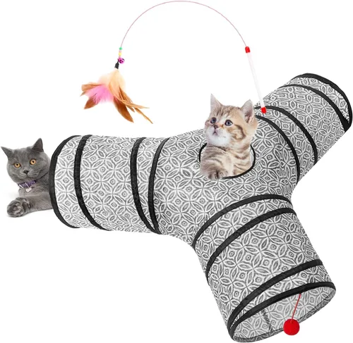Miniatura 12 de Tempcore Túnel para gatos con tubo de juguete, túneles plegables de 3 vías para gatos, túneles para mascotas aburridas con agujero y pelota, juguete