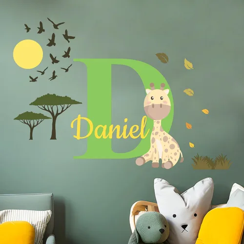 Miniatura 12 de Calcomanía de pared de vinilo con nombre personalizado de animales de la selva, decoración de pared para bebé, niño y niña, calcomanías I