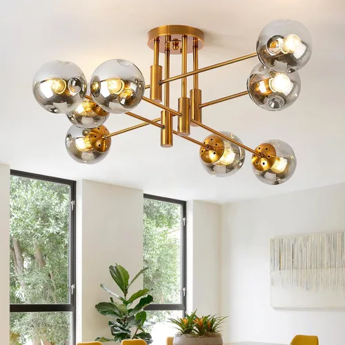 Miniatura 16 de DDLLDESHI Lámpara de araña de 6 luces dorada con cubierta esférica de vidrio Sputnik, lámpara de techo de 34" de gran tamaño para comedor, lámparas