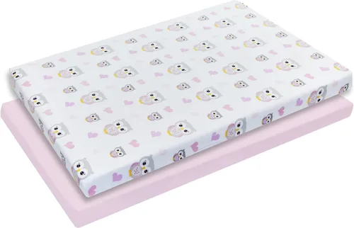 Paquete de 2 sábanas de colchón n Play, 100% algodón percal, suaves, portátiles, para cuna, para niñas con búhos/corazones y diseño rosa sólido;