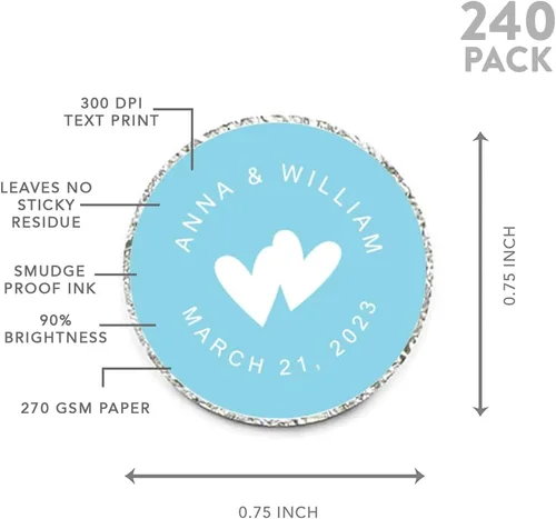 Miniatura 5 de Andaz Press Etiquetas personalizadas de gota de chocolate para boda, nombres y fecha redondos de novios, azul bebé, paquete de 240, personalizadas