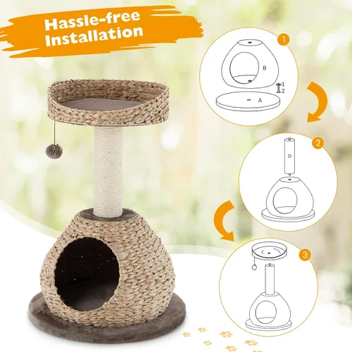 Miniatura 8 de Tangkula Árbol para gatos moderno, torre para gatos pequeña con poste de rascar de sisal natural, condominio para gatos de mimbre hecho a mano