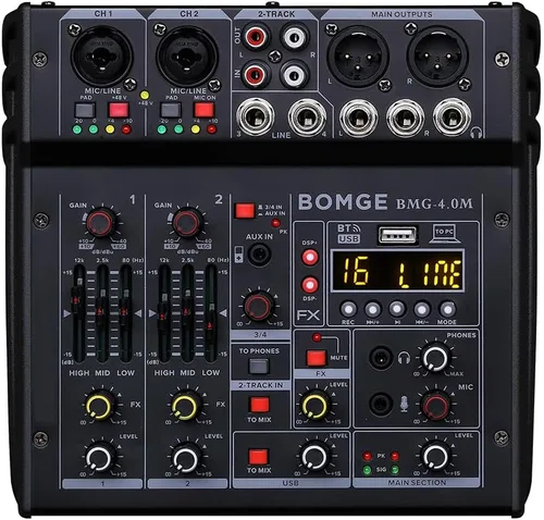 BOMGE Mezclador de audio 04M, consola de mezcla de tablero de sonido con 4 canales USB digital Bluetooth 24 efectos de sonido, entrada 48V Phantom