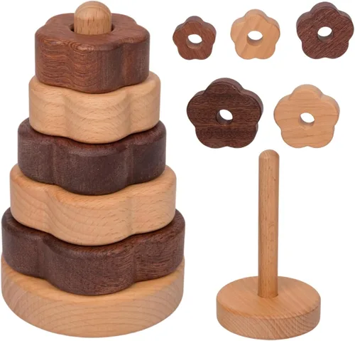Miniatura 8 de Adena Montessori Juguete apilable de madera con anillo, juguete educativo Montessori geométrico apilador de madera, para bebés y niños pequeños a