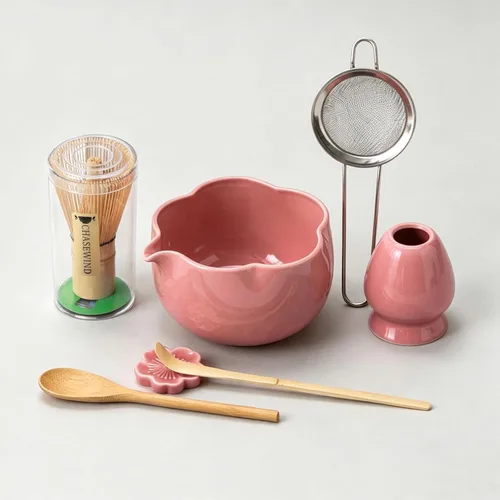 Miniatura 12 de Juego de Matcha, Juego de Matcha de Cerámica Floral de 8 Piezas con Batidor de Matcha, Soporte, Cuchara, Reposa-cuchara, Colador, Cuchara y Paño