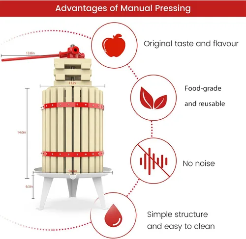 Miniatura 3 de Prensa de frutas y vino de 4.75 galones, máquina manual de jugo de sidra con cesta de madera de haya maciza y soporte resistente para manzanas, Rojo