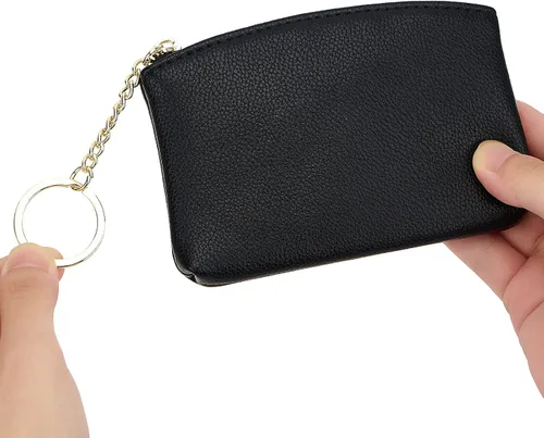 Miniatura 6 de Monedero de cuero artificial con cierre de llavero para hombres y mujeres, a negro, Monedero