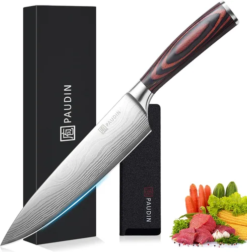 PAUDIN Cuchillo de chef, cuchillo de cocina afilado de acero inoxidable de alto carbono de 8 pulgadas con mango ergonómico, caja de regalo para