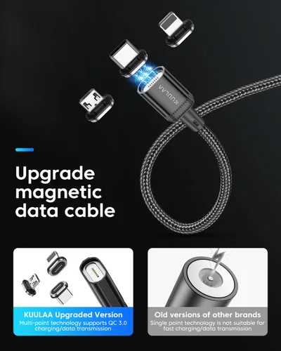 Miniatura 4 de Kuulaa Paquete de 3 cables de carga magnéticos, cable Lightning magnético, cargador de teléfono magnético de 3 A, carga rápida con puntas de carga 3