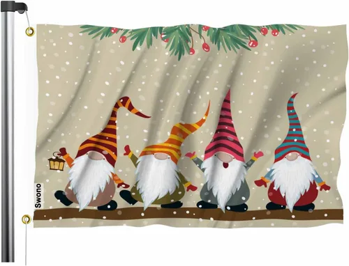 Bandera de gnomos de Navidad de Swono 3x5 pies con gnomo de invierno con sombrero a rayas, bandera para exteriores, bandera decorativa de jardín