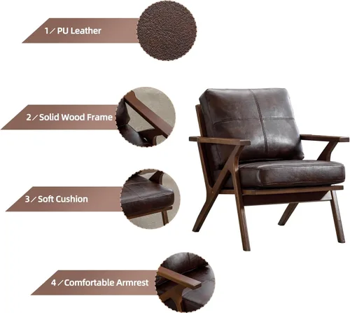 Miniatura 3 de INZOY Silla decorativa moderna de mitades de siglo con marco de madera, silla de sala de estar de piel sintética y sillón acolchado suave y grueso