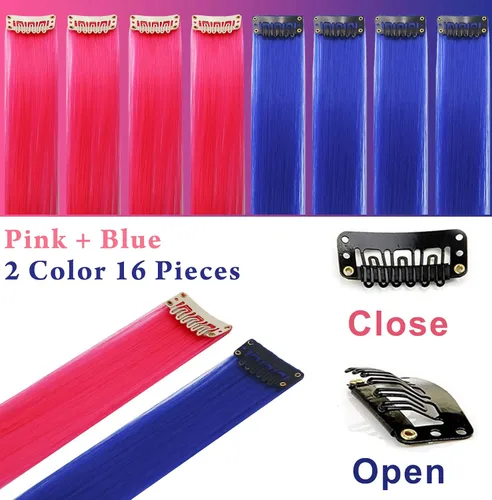 Miniatura 4 de 16 extensiones de cabello de color azul y rosa, lacio, sintético, con reflejos, para fiestas, fiestas, 21 pulgadas, extensiones coloridas