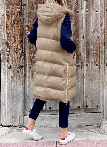 Miniatura 2 de Avilego Chaleco largo con capucha para mujer, con cierre completo, sin mangas, acolchado, chaqueta de moda