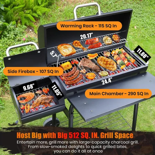 Miniatura 4 de Parrilla de carbón con ahumador offset: parrillas de carbón con área de cocina espaciosa Combo de parrilla de barril y ahumadores para patio