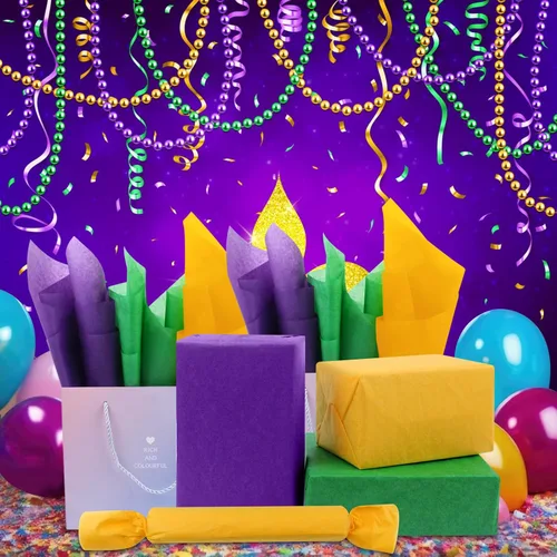 Miniatura 2 de Papel de seda morado, amarillo y verde – Papel de regalo de Mardi Gras, 80 hojas, 14 x 20 pulgadas, a granel, bolsa de regalo, carnaval, mascarada