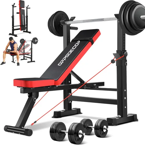 Miniatura 7 de OPPSDECOR ZWX1113 - Juego de banco de pesas 6 en 1 de 900 libras con estante para sentadillas, banco de entrenamiento con extensión de piernas, Rojo
