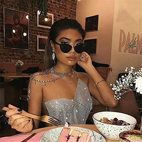 Miniatura 2 de Women Sexy Shiny Rhinestone Tank Top Deep V Neck Halter Metal Body Chain Crop Top Shirt for Night Club Party Rave Outfit