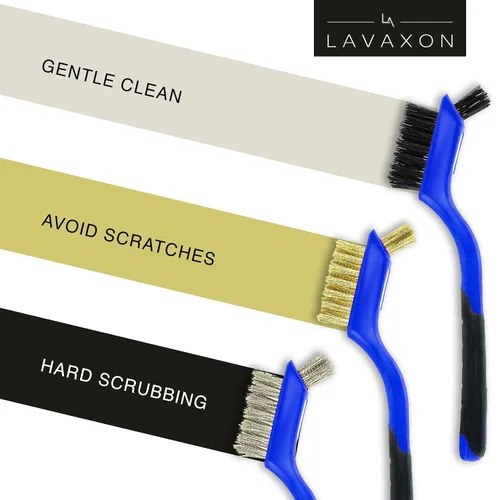 Miniatura 3 de Lavaxon Juego de 3 cepillos de alambre, cerdas de nailon/latón/acero inoxidable con mango curvado para óxido, suciedad y limpieza profunda, 7 Azul