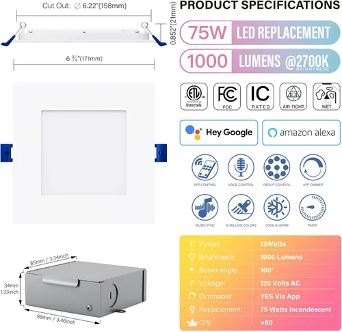 Miniatura 2 de Luz LED inteligente empotrada delgada de 6 pulgadas, cuadrada, aplicación WiFi y control de voz, 120 V, 13 W, 1000 LM, RGB + 2700K-6000K