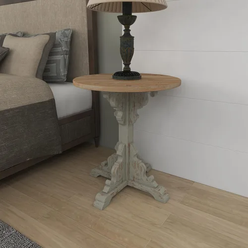 Miniatura 6 de Deco 79 Mesa auxiliar de madera con desplazamiento lateral, mesa auxiliar tallada envejecida con parte superior de madera marrón, mesa auxiliar
