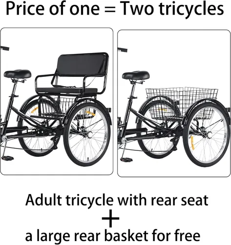 Miniatura 5 de Triciclo para adultos de 7 velocidades, bicicletas de 3 ruedas con asiento trasero, triciclo para adultos de 20/24 pulgadas, ruedas bajas con cesta