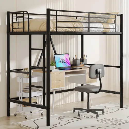 Miniatura 8 de VECELO Cama tipo loft tamaño individual, marco de cama de metal con escalera extraíble y barandilla de seguridad, no necesita somier, ahorro de Gris