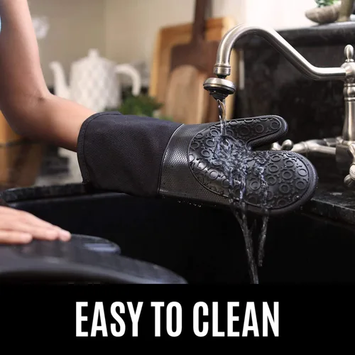 Miniatura 6 de HOMWE Guantes de horno de silicona y soportes para ollas, juego de 4 piezas, guantes de cocina resistentes, tapetes salvamanteles seguros para Negro